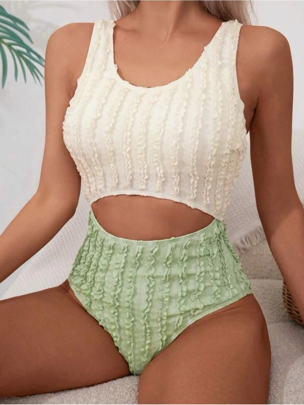 SHEIN Green and cream one piece swimsuit with ruffled texture M